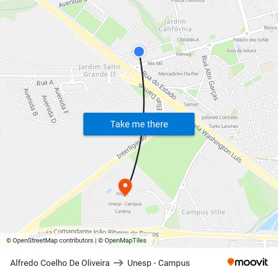 Alfredo Coelho De Oliveira to Unesp - Campus map