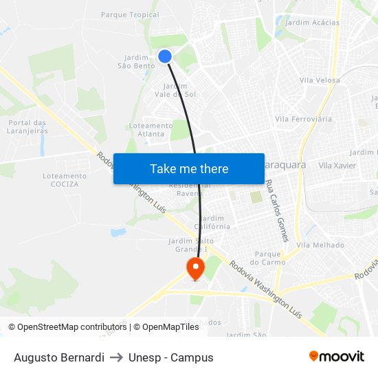 Augusto Bernardi to Unesp - Campus map