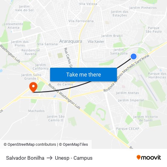 Salvador Bonilha to Unesp - Campus map