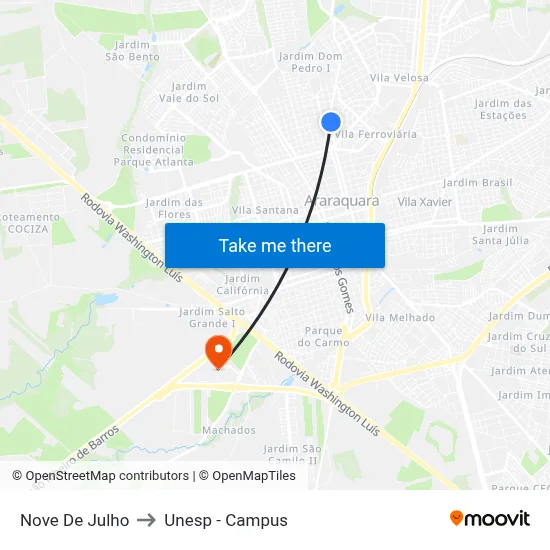 Nove De Julho to Unesp - Campus map