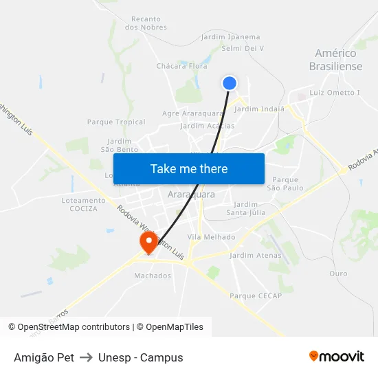 Amigão Pet to Unesp - Campus map