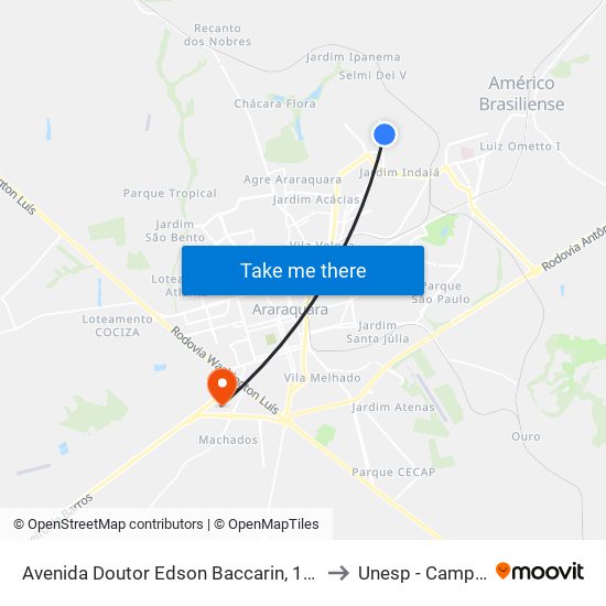 Avenida Doutor Edson Baccarin, 1163 to Unesp - Campus map