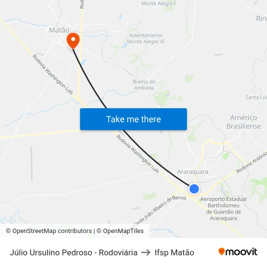 Júlio Ursulino Pedroso - Rodoviária to Ifsp Matão map