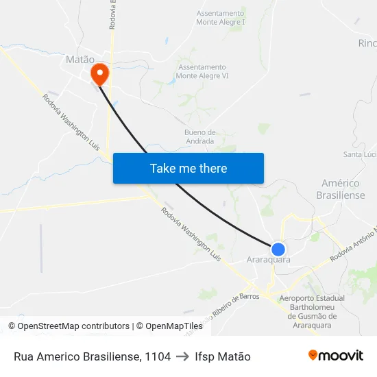 Rua Americo Brasiliense, 1104 to Ifsp Matão map