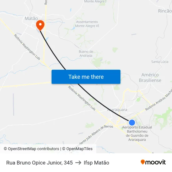 Rua Bruno Opice Junior, 345 to Ifsp Matão map
