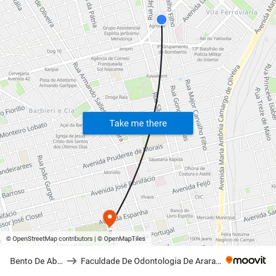 Bento De Abreu to Faculdade De Odontologia De Araraquara map