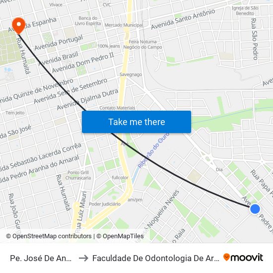 Pe. José De Anchieta to Faculdade De Odontologia De Araraquara map
