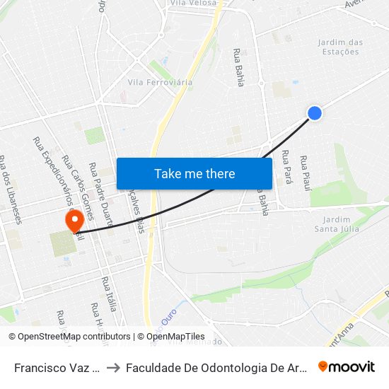 Francisco Vaz Filho to Faculdade De Odontologia De Araraquara map