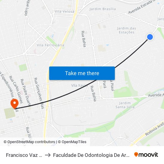 Francisco Vaz Filho to Faculdade De Odontologia De Araraquara map