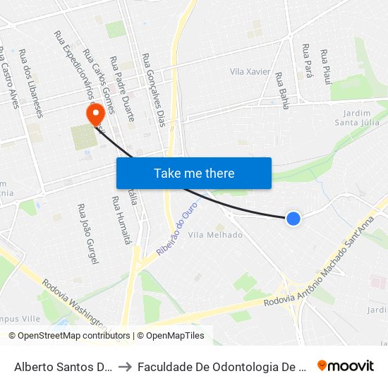 Alberto Santos Dumont to Faculdade De Odontologia De Araraquara map