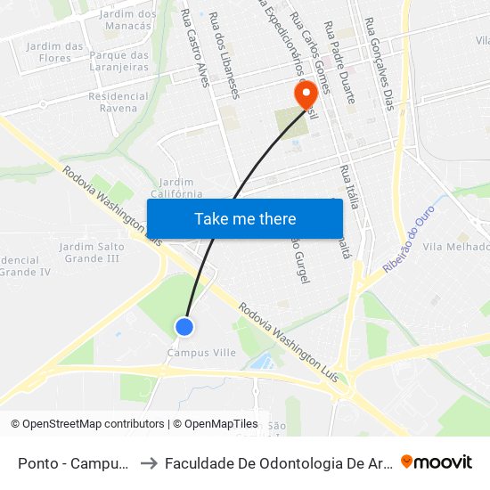 Ponto - Campus Ville to Faculdade De Odontologia De Araraquara map