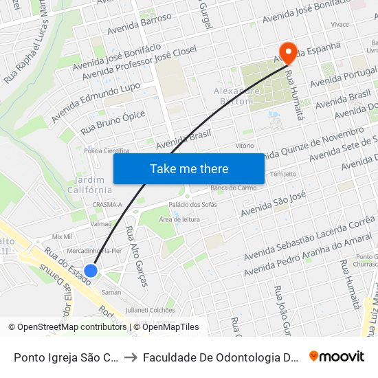 Ponto Igreja São Cristóvão to Faculdade De Odontologia De Araraquara map