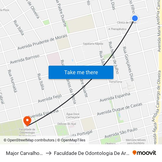 Major Carvalho Filho to Faculdade De Odontologia De Araraquara map