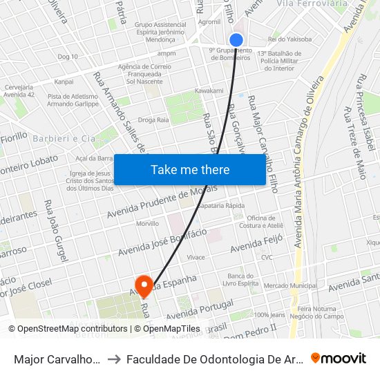 Major Carvalho Filho to Faculdade De Odontologia De Araraquara map