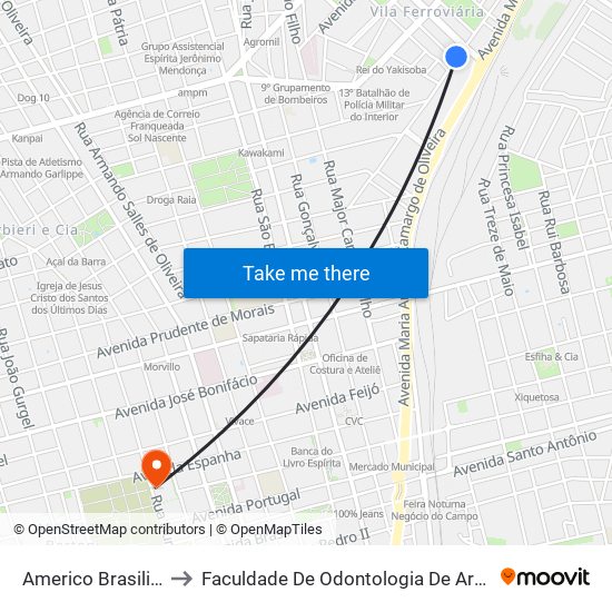 Americo Brasiliense to Faculdade De Odontologia De Araraquara map