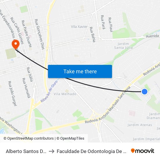 Alberto Santos Dumont to Faculdade De Odontologia De Araraquara map