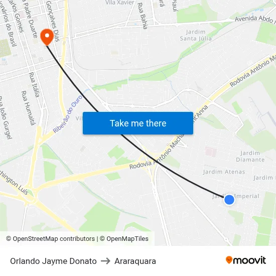 Orlando Jayme Donato to Araraquara map