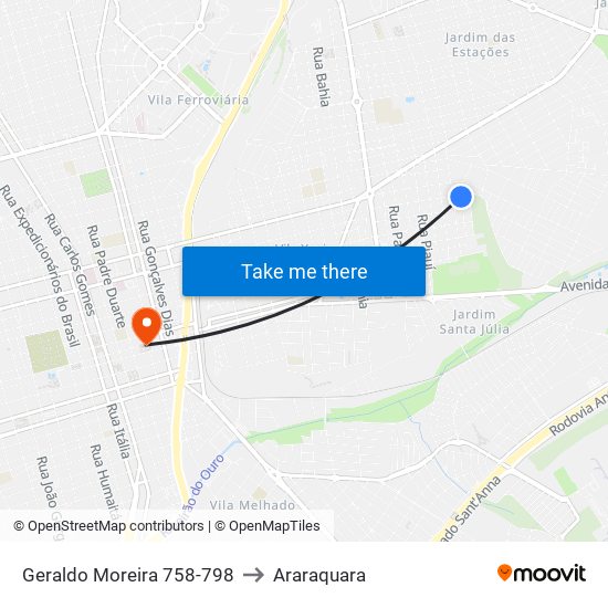 Geraldo Moreira 758-798 to Araraquara map