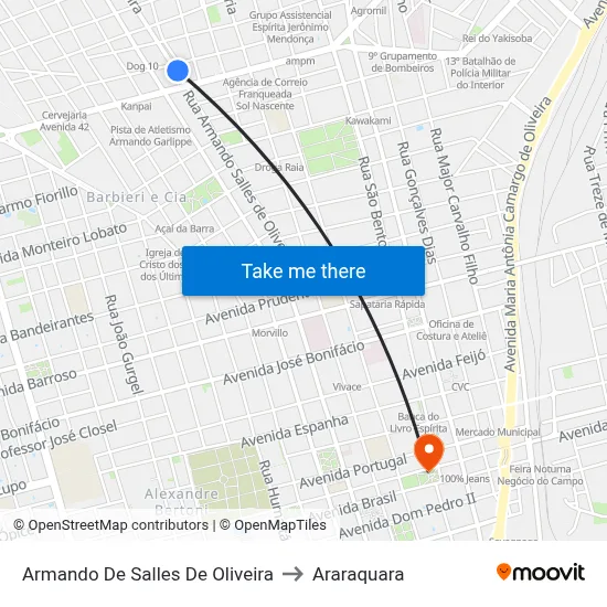 Armando De Salles De Oliveira to Araraquara map