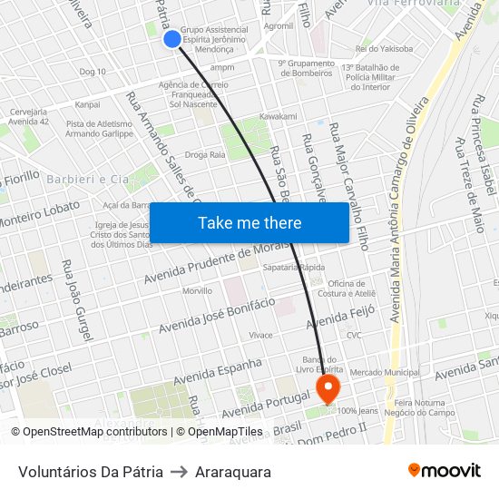 Voluntários Da Pátria to Araraquara map