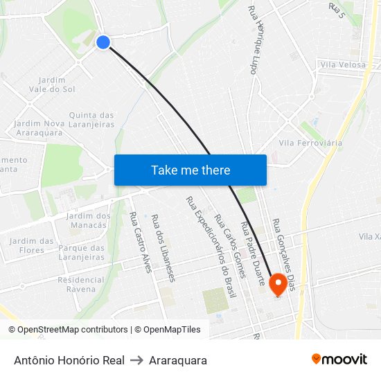 Antônio Honório Real to Araraquara map