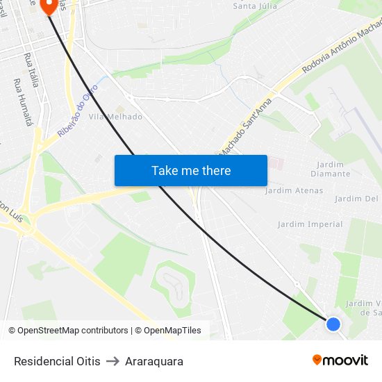 Residencial Oitis to Araraquara map