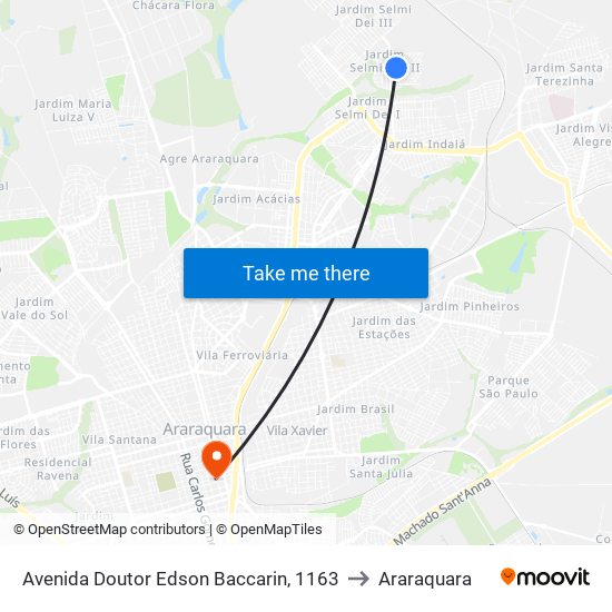 Avenida Doutor Edson Baccarin, 1163 to Araraquara map