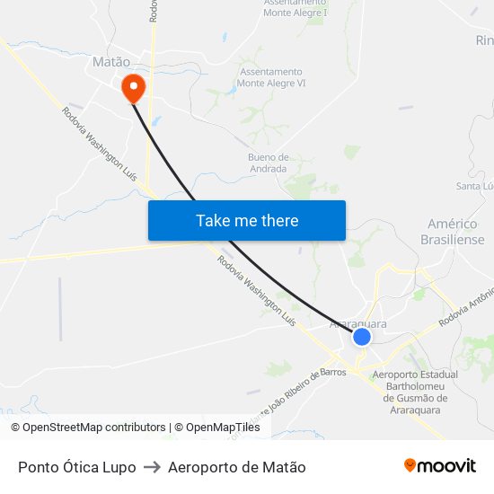 Ponto Ótica Lupo to Aeroporto de Matão map