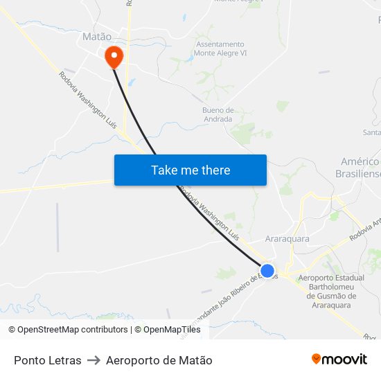 Ponto Letras to Aeroporto de Matão map