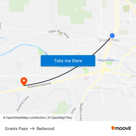 Grants Pass to Redwood map