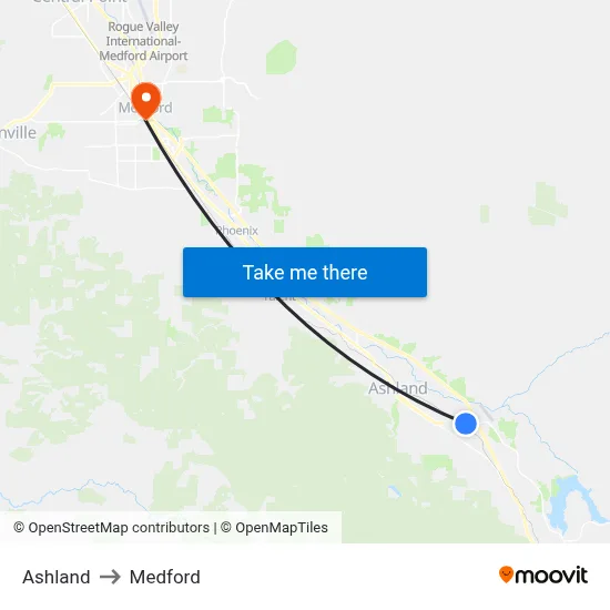 Ashland to Medford map
