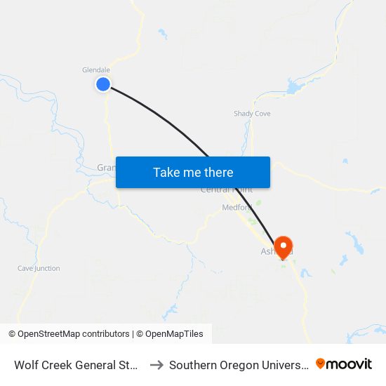 Wolf Creek General Store to Southern Oregon University map