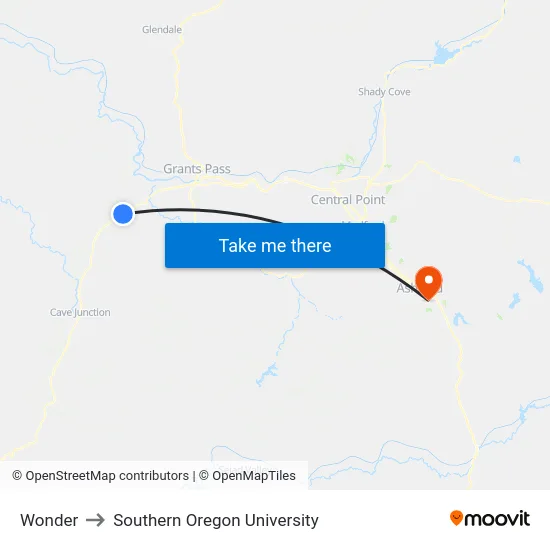 Wonder to Southern Oregon University map