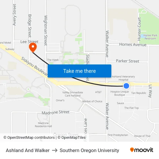 Ashland And Walker to Southern Oregon University map
