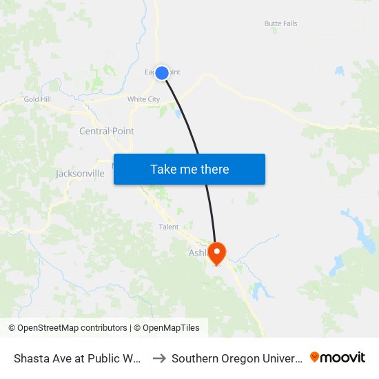 Shasta Ave at Public Works to Southern Oregon University map