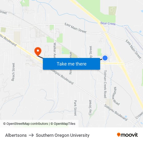 Albertsons to Southern Oregon University map