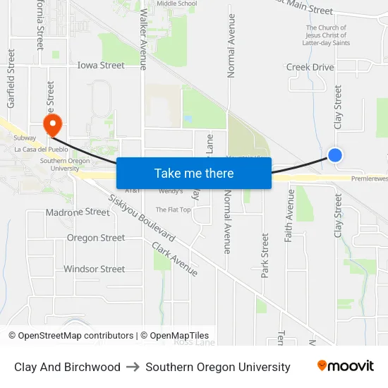 Clay And Birchwood to Southern Oregon University map