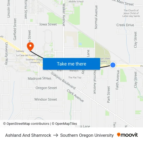 Ashland And Shamrock to Southern Oregon University map