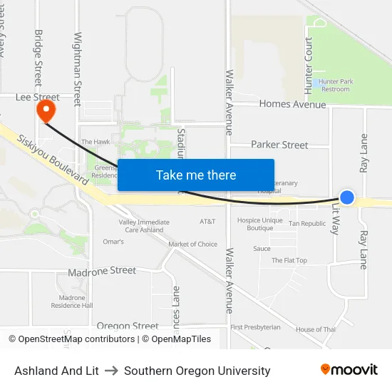 Ashland And Lit to Southern Oregon University map