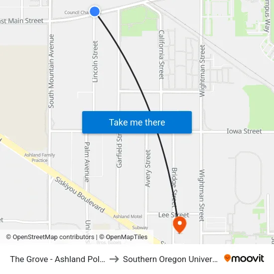 The Grove - Ashland Police to Southern Oregon University map