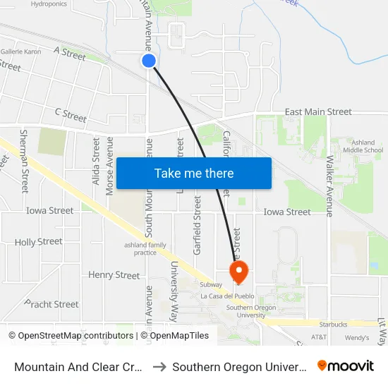 Mountain And Clear Creek to Southern Oregon University map