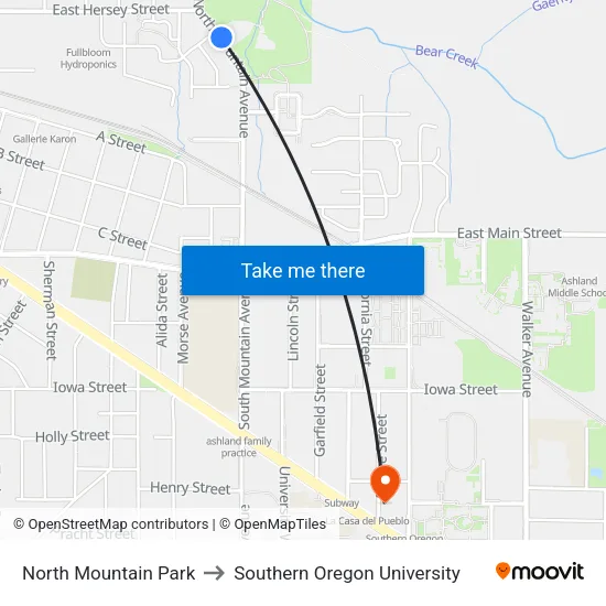 North Mountain Park to Southern Oregon University map