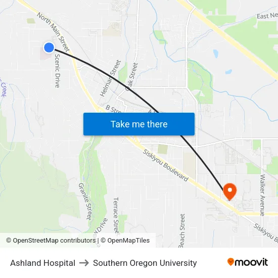 Ashland Hospital to Southern Oregon University map