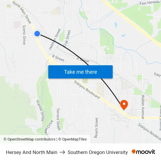 Hersey And North Main to Southern Oregon University map