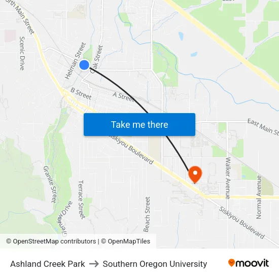 Ashland Creek Park to Southern Oregon University map