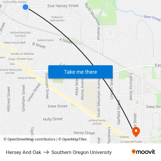 Hersey And Oak to Southern Oregon University map