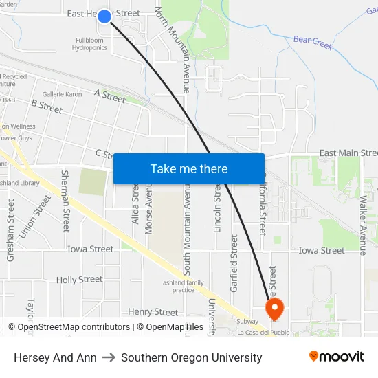 Hersey And Ann to Southern Oregon University map