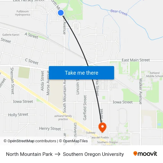 North Mountain Park to Southern Oregon University map