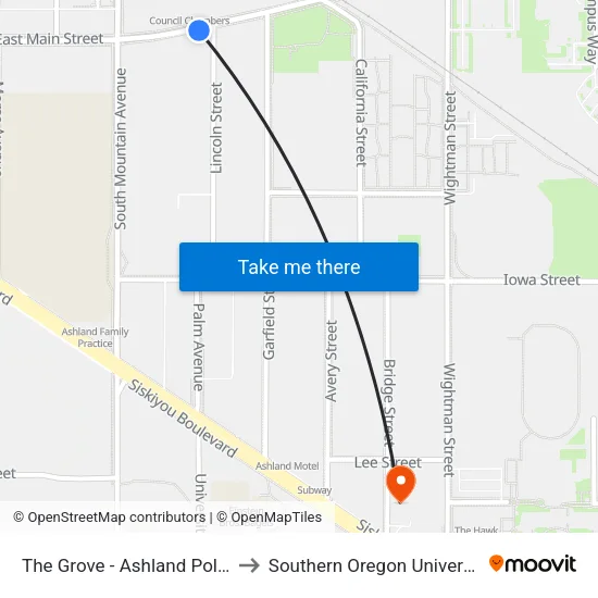 The Grove - Ashland Police to Southern Oregon University map