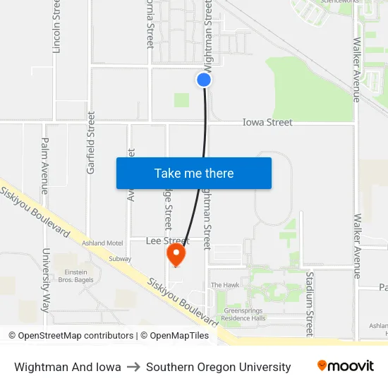 Wightman And Iowa to Southern Oregon University map